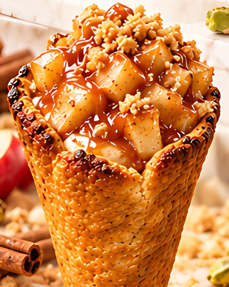 Apple pie filling with caramel and cinnamon crumble in a CookieKone