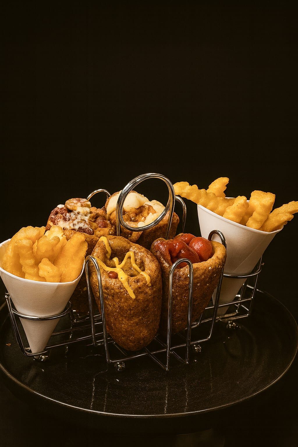 Filled BreadKones and paper cones of fries in a wire serving basket