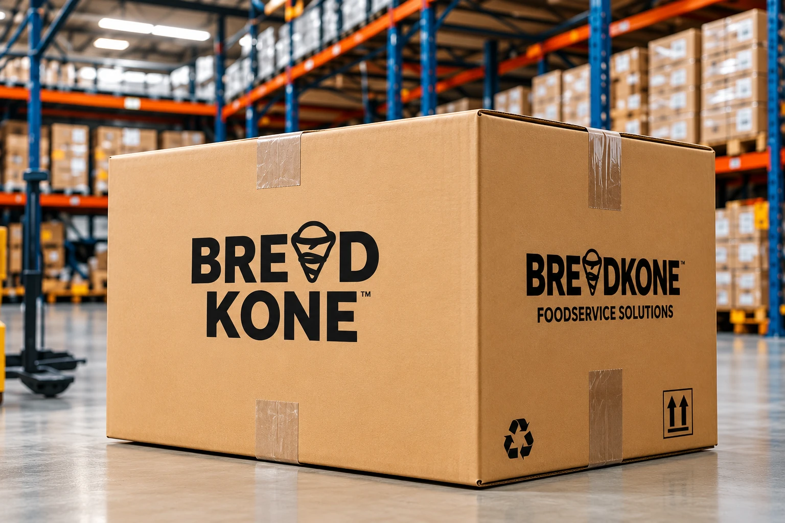 BreadKone foodservice shipping case on the floor of a distribution warehouse