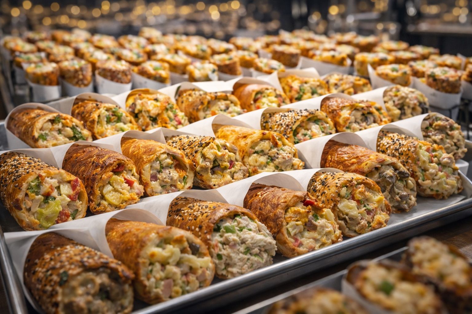 Rows of filled BreadKones in paper sleeves lined up on trays, ready for service