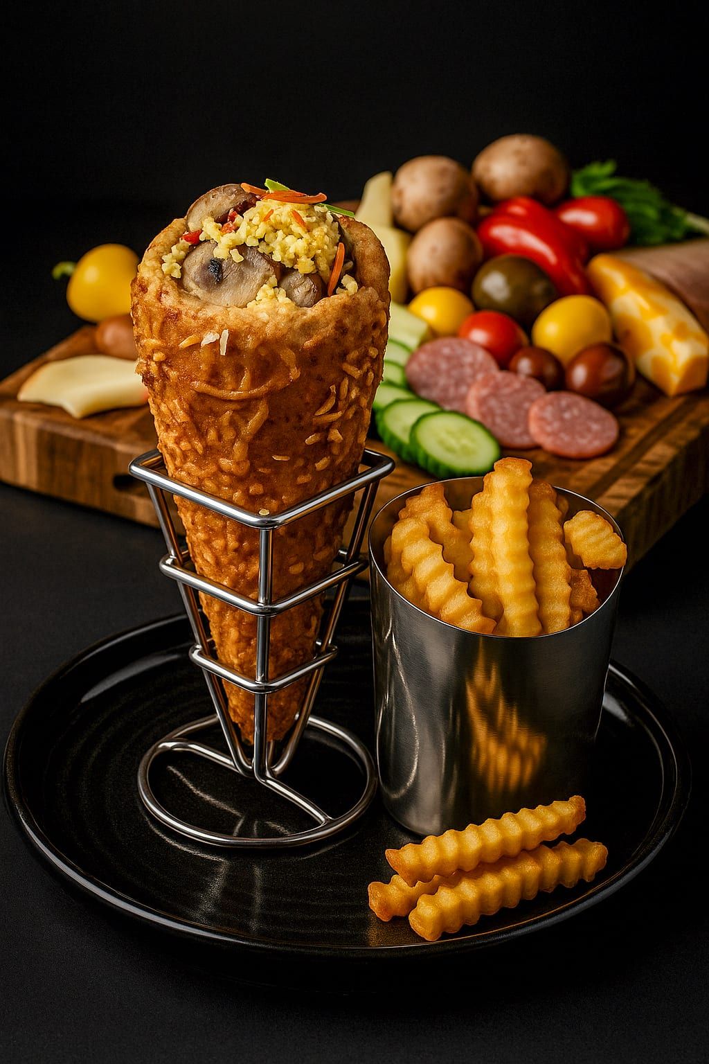 A BreadKone filled with chicken and vegetables in a wire stand, with crinkle fries and a charcuterie board