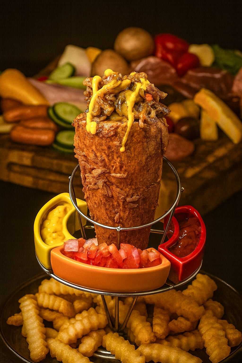 A BreadKone filled with beef and mustard on a stand with dipping sauces and crinkle fries