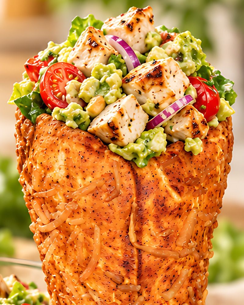 Grilled chicken salad with tomatoes, red onion, and guacamole in a BreadKone