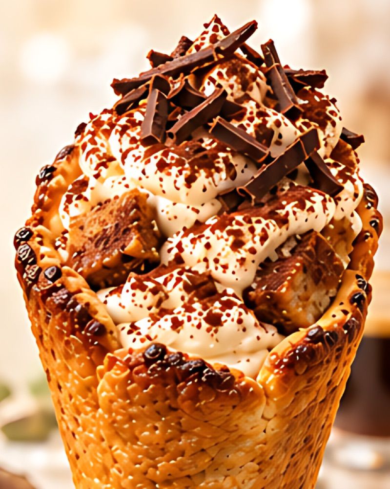Mascarpone cream, coffee-soaked biscuit, and chocolate shavings in a CookieKone