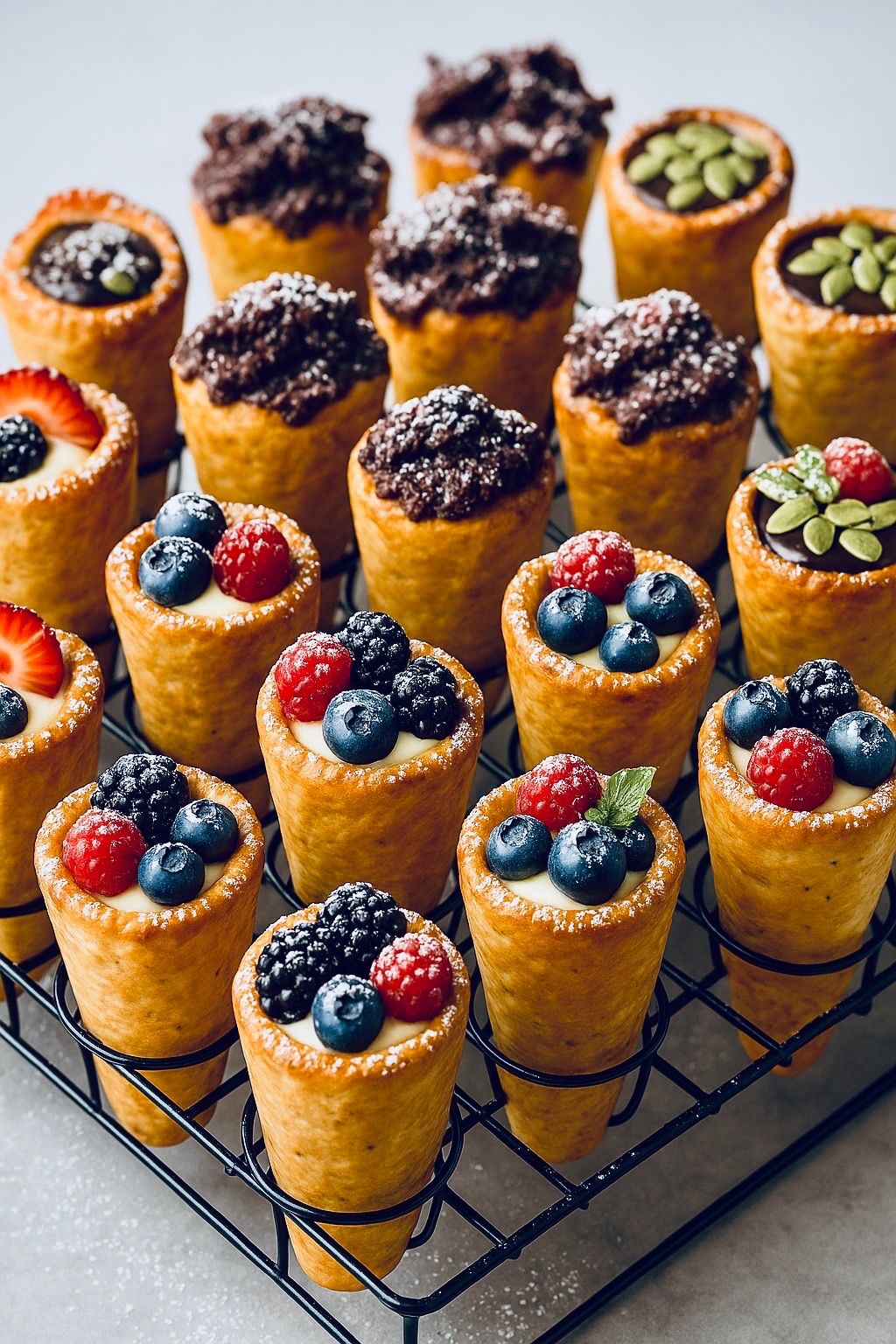 Catering tray of CookieKones filled with berries and chocolate crumble
