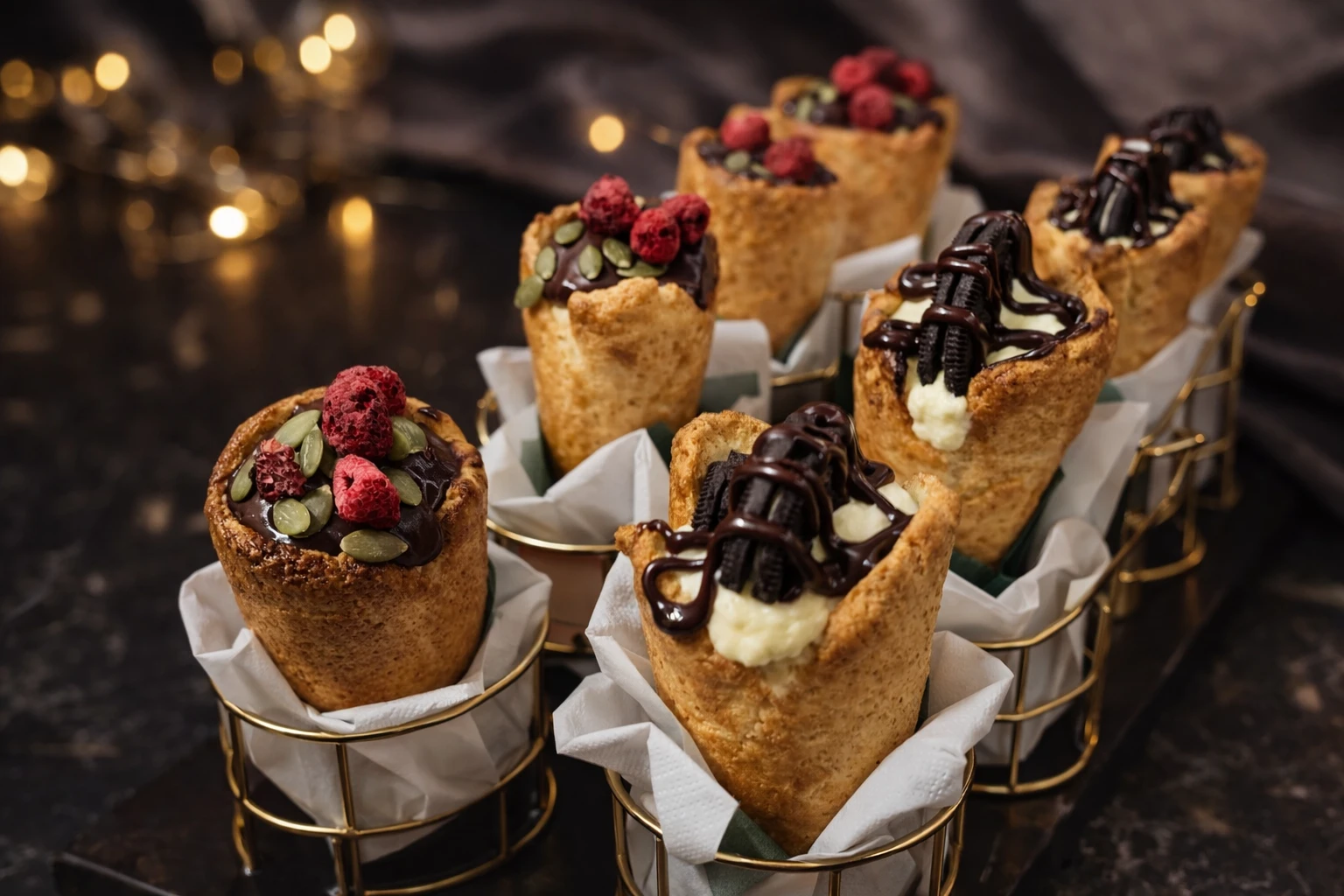 CookieKones filled with chocolate ganache, pepitas, and raspberries, and with cream, cookies, and chocolate drizzle, in gold wire stands