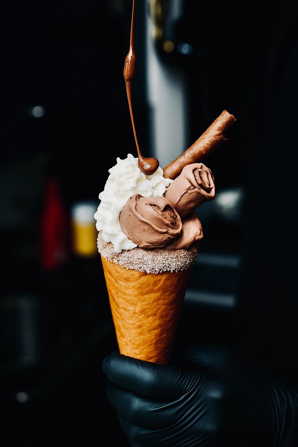 Chocolate ice cream with a chocolate drizzle in a CookieKone