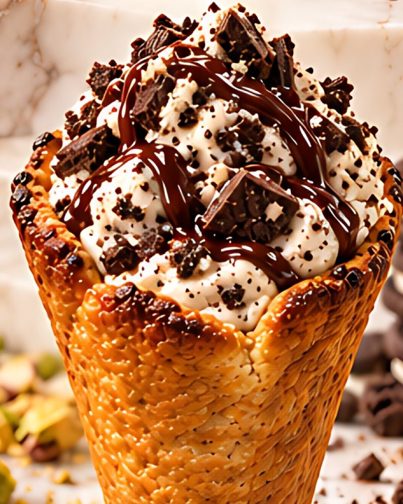 Cookies and cream filling with chocolate drizzle in a CookieKone