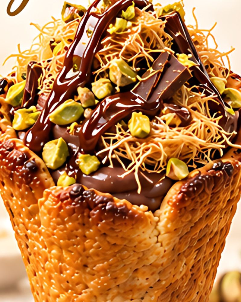Pistachio and chocolate cream topped with kataifi and pistachios in a CookieKone