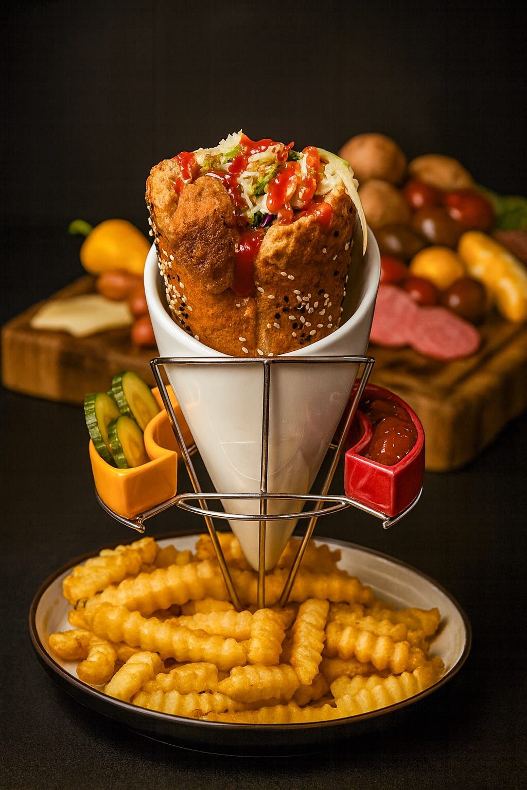 A filled BreadKone in a white cone holder with sauces and a plate of crinkle fries