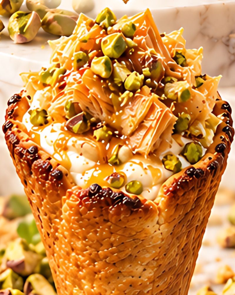 Cheesecake cream with baklava pieces, honey, and pistachios in a CookieKone