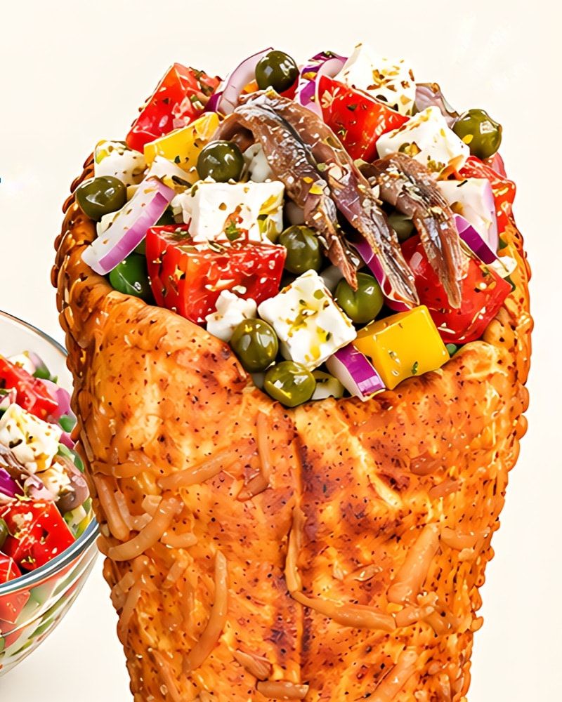 Greek salad with feta, tomato, peppers, capers, and anchovies in a BreadKone