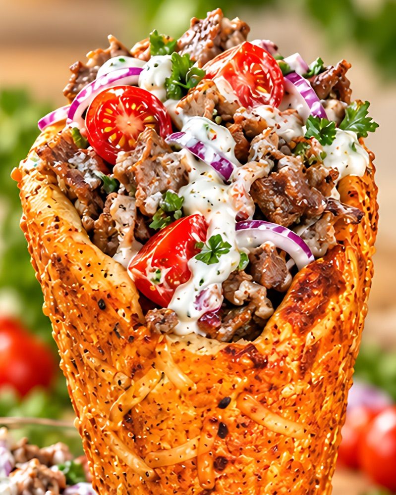 Gyro meat, cherry tomatoes, red onion, and tzatziki in a BreadKone