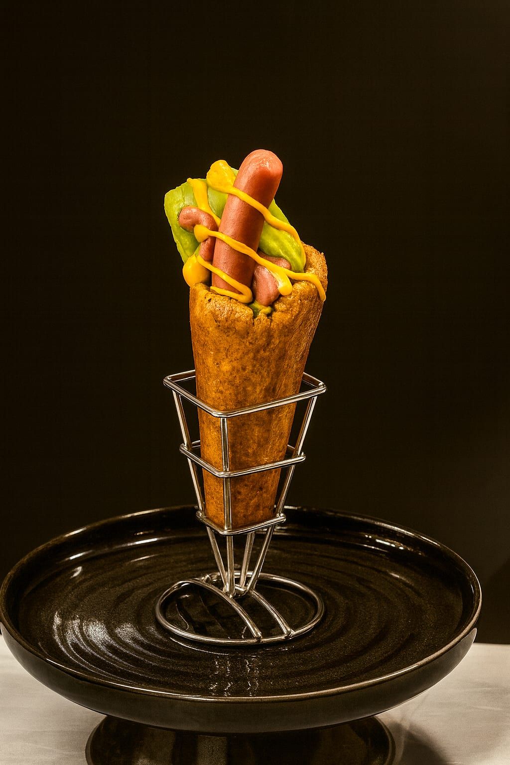 A hot dog with mustard and peppers served in a BreadKone in a wire stand