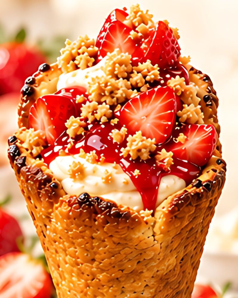 Cheesecake cream with strawberries and biscuit crumble in a CookieKone