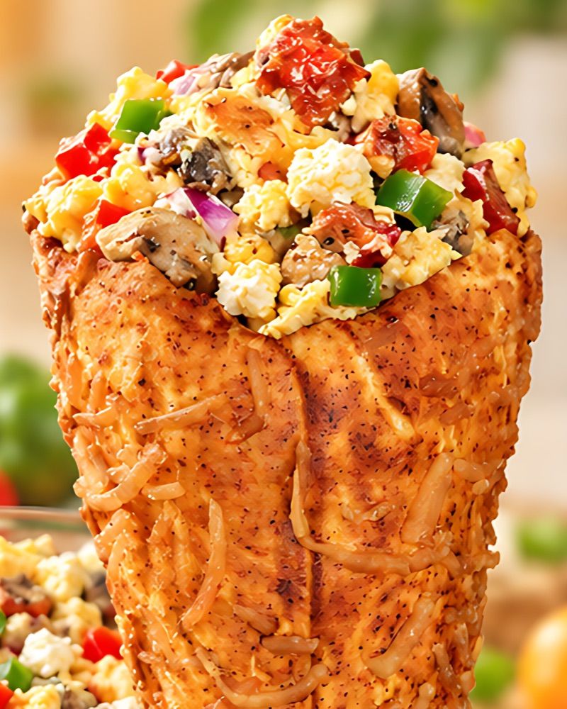 Scrambled eggs with peppers, mushrooms, bacon, and feta in a BreadKone