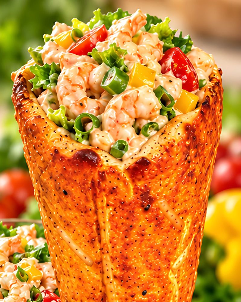 Shrimp salad with peppers, tomato, and scallions in a BreadKone