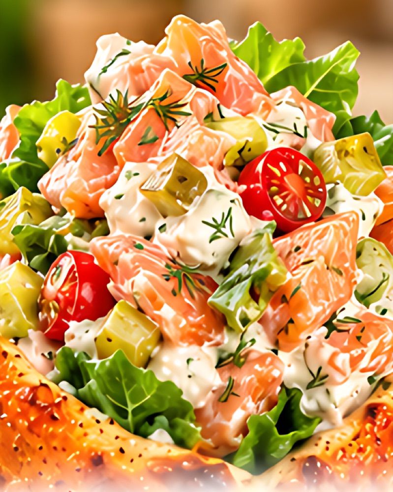 Smoked salmon salad with cream cheese, pickles, and dill in a BreadKone