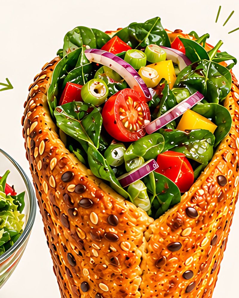 Spinach salad with peppers, cherry tomatoes, and red onion in a sesame BreadKone