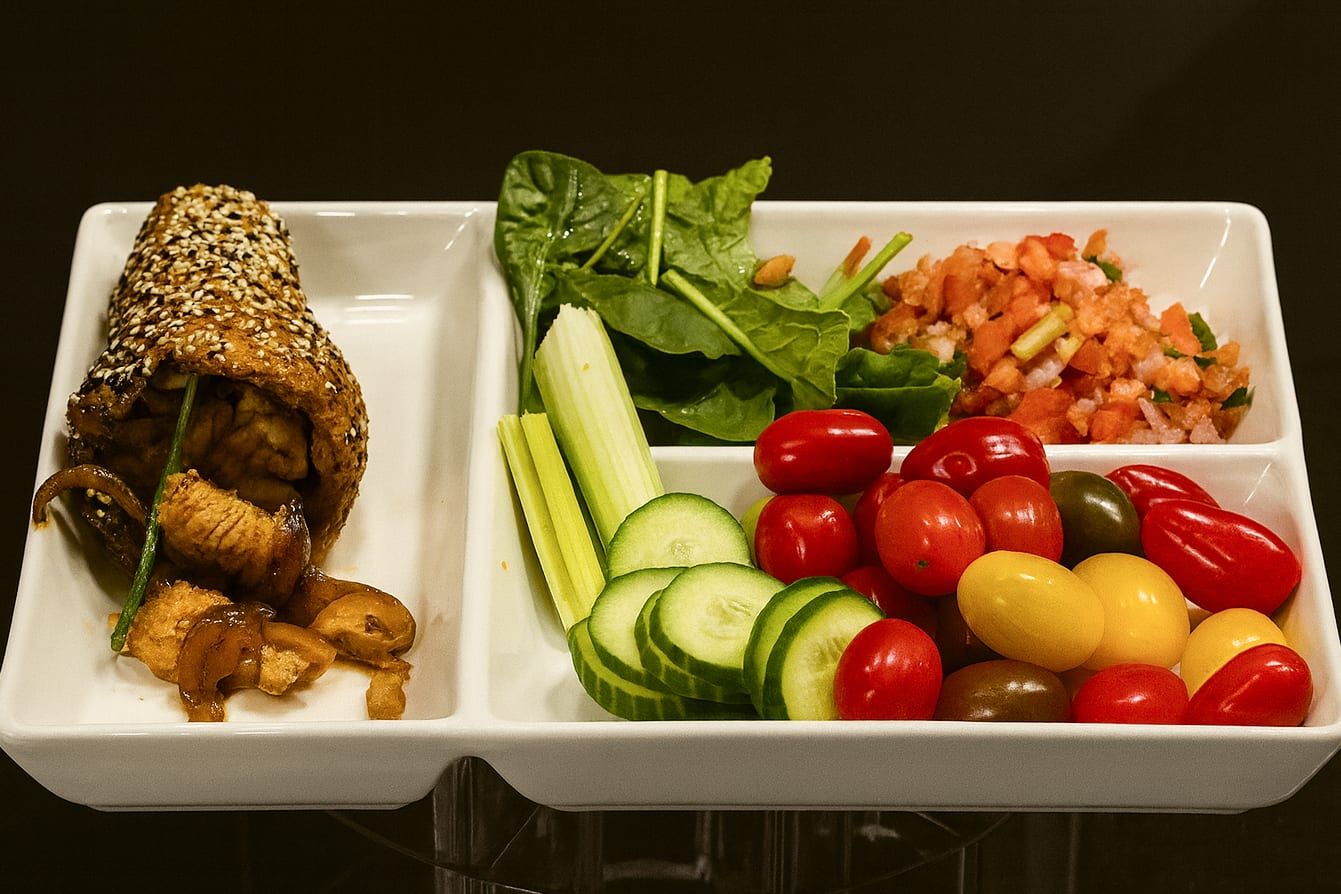 An Everything BreadKone filled with mushrooms on a platter with vegetables and pico de gallo